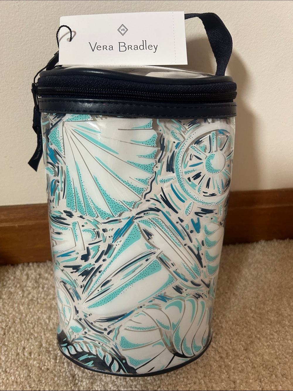 Vera Bradley Turquoise Navy and White Cylindrical Cosmetic Case